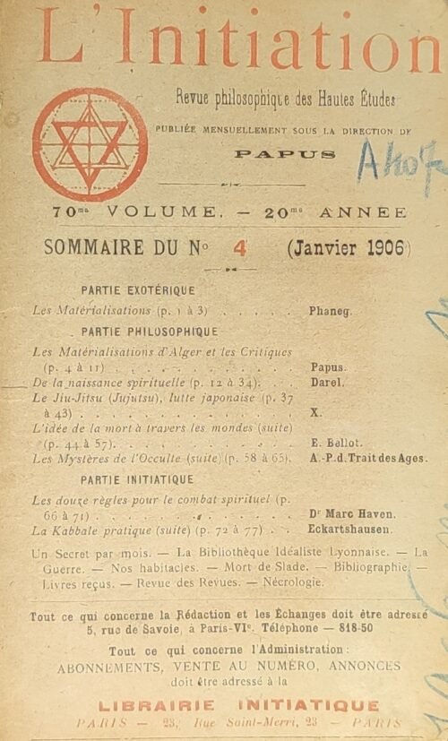 L’Initiation. Revue Philosophique des Hautes Etudes. 4 numéros reliés ensemble. 1906