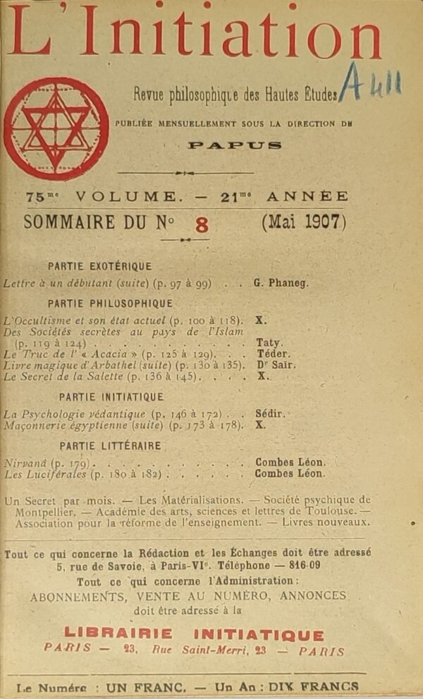 L’Initiation. Revue Philosophique des Hautes Etudes. 4 numéros reliés ensemble. 1907