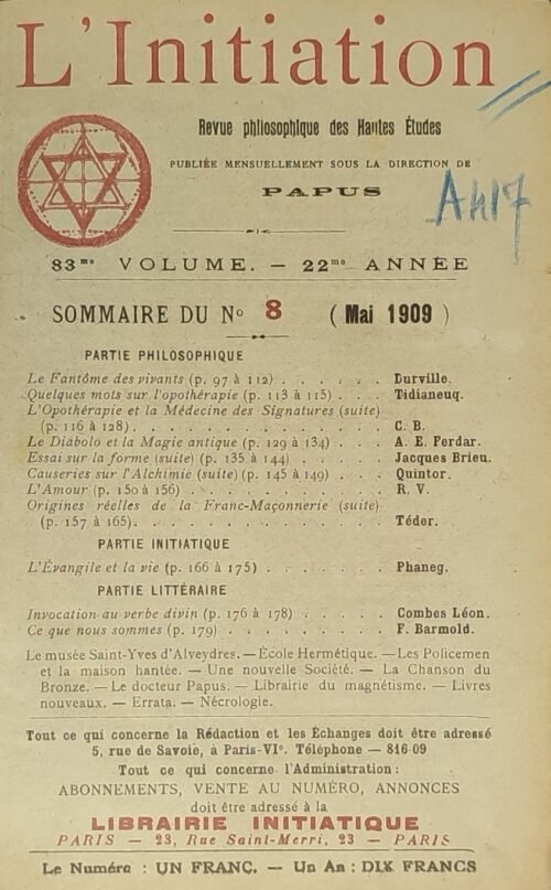 L’Initiation. Revue Philosophique des Hautes Etudes. 4 numéros reliés ensemble. 1909