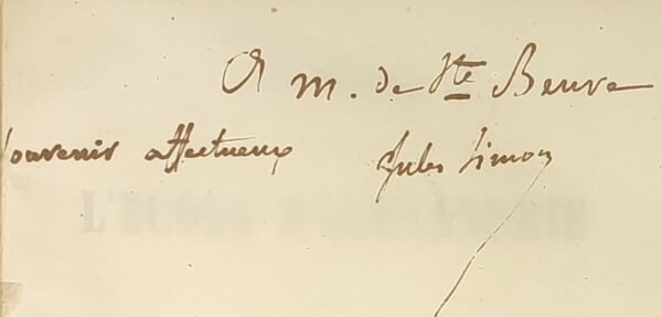 Histoire de l’Ecole d’Alexandrie. ENVOI AUTOGRAPHE DE JULES SIMON A SAINTE BEUVE