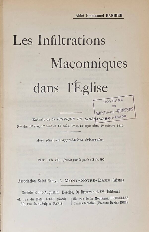 Les infiltrations maçonniques dans l'Eglise - Reliure maçonnique - Exemplaire de Jules BOUCHER