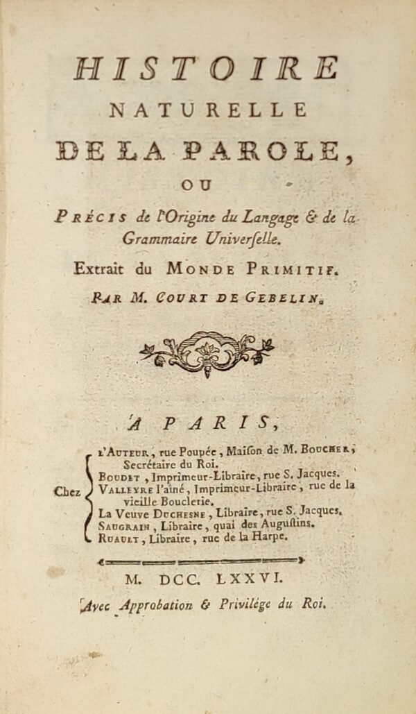 Histoire naturelle de la parole, ou précis de l'origine du langage et de la grammaire universelle