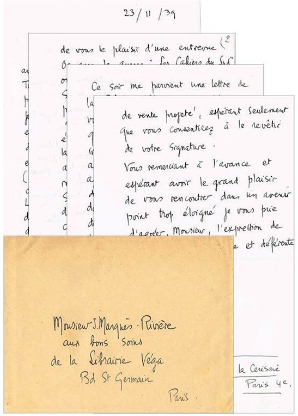 Une lettre autographe signée adressée à Jean MARQUES-RIVIERE